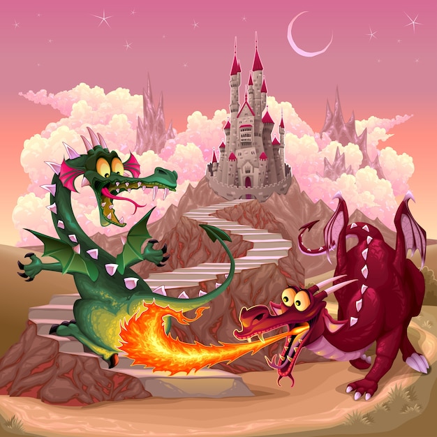 Lustige Drachen in einer Fantasielandschaft mit Schloss Cartoon Vektor-Illustration