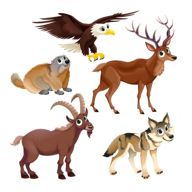 Lustige gebirgstiere hirsch adler murmeltier steinbock wolf vektor-cartoon-charaktere isoliert