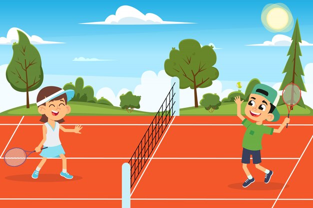 Lustige Kinder Spielen Tennis Auf Dem Offenen Platz Premium Vektor