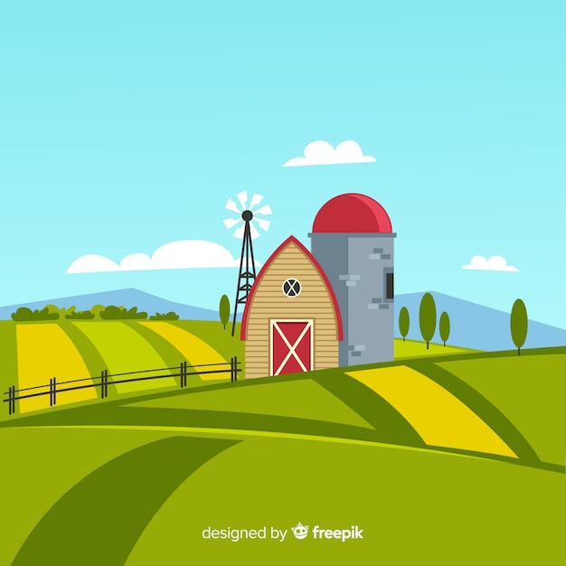 Lustige Landschaft mit Bauernhof Vektor-Cartoon-Illustration
