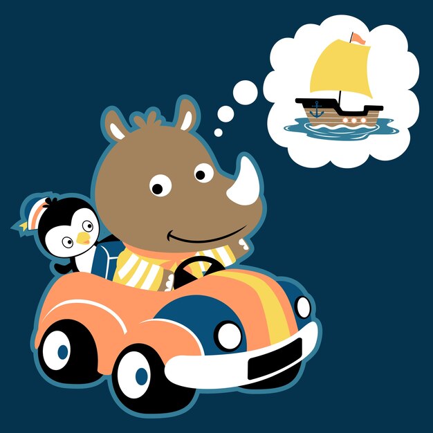 Lustige Tiere Auf Dem Auto Vektor Cartoon Premium Vektor