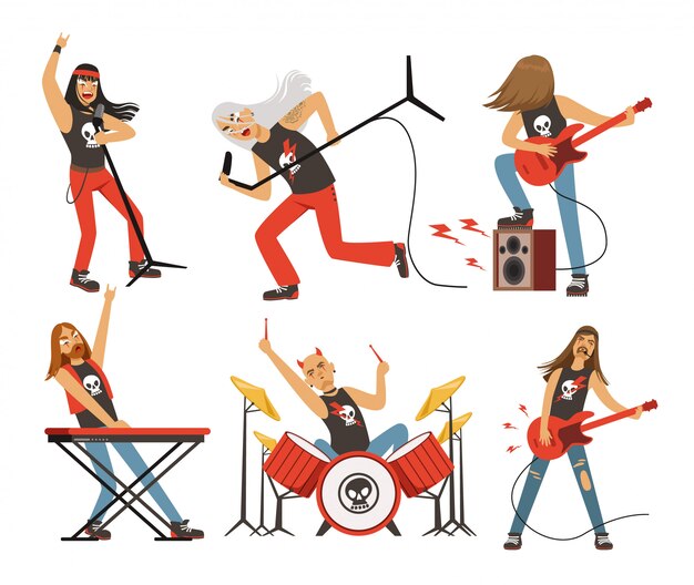 Lustige Zeichentrickfiguren In Der Rockband Musiker In Der Beruhmten Popgruppe Premium Vektor