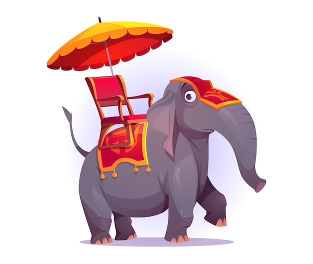 Lustiger Elefant mit Stuhl, Decke und Regenschirm auf der Rückseite. Zeichentrickfigur des wilden Tieres isoliert auf weißem Hintergrund. Asiatischer Tourismus, Erholung, Wildtiere, Safaripark oder Zoo im Freien Vektorillustration