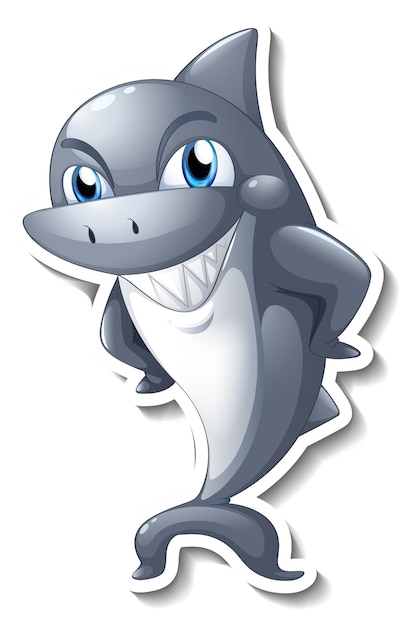 Kostenloser Vektor lustiger grauer hai-cartoon-charakter-aufkleber