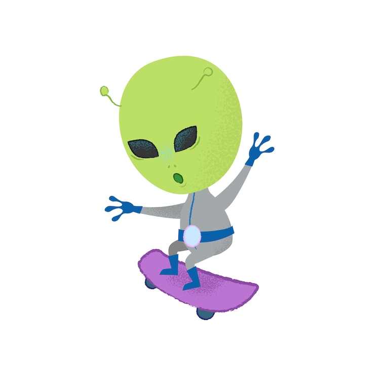 Kostenlose Vektor lustiges fremdes skateboarding. stunt, kreatur, charakter.