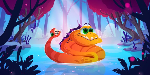 Lustiges orangefarbenes Monster des netten Drachen im Sumpf