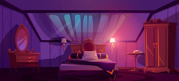 Luxus Schlafzimmer Interieur auf dem Dachboden in der Nacht. Vektor Cartoon Mansard Schlafzimmer mit Bett