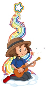 Mädchen, das gitarre mit melodiesymbolen auf regenbogenwelle spielt