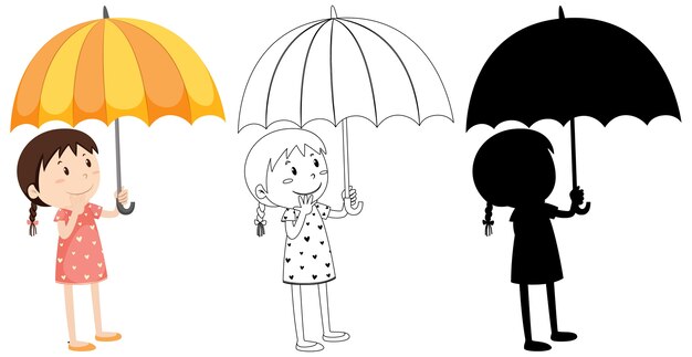 Mädchen, das Regenschirm in Farbe und Schattenbild und Umriss hält