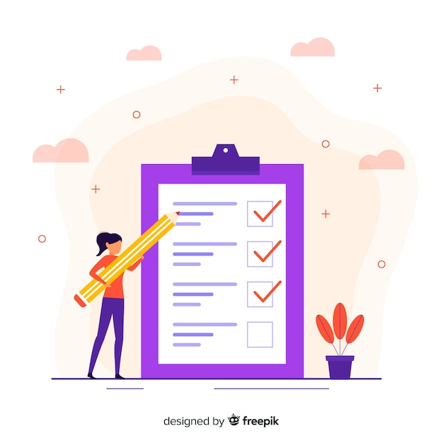Kostenloser Vektor mädchen, das riesigen checklistenhintergrund überprüft