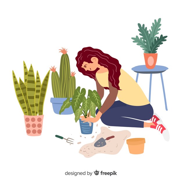 Mädchen kümmert sich um Pflanzen
