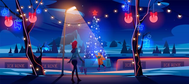 Mädchen mit Mutter nachts Weihnachts-Eisbahn mit geschmücktem Tannenbaum und Lichtern. Karikaturillustration