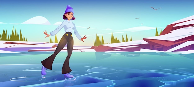 Mädchen Schlittschuhlaufen auf der Eisbahn im Park. Vektorkarikaturillustration der Winterlandschaft mit gefrorenem See oder Fluss, weißem Schnee, Bergen, Bäumen und Frau in Schlittschuhen