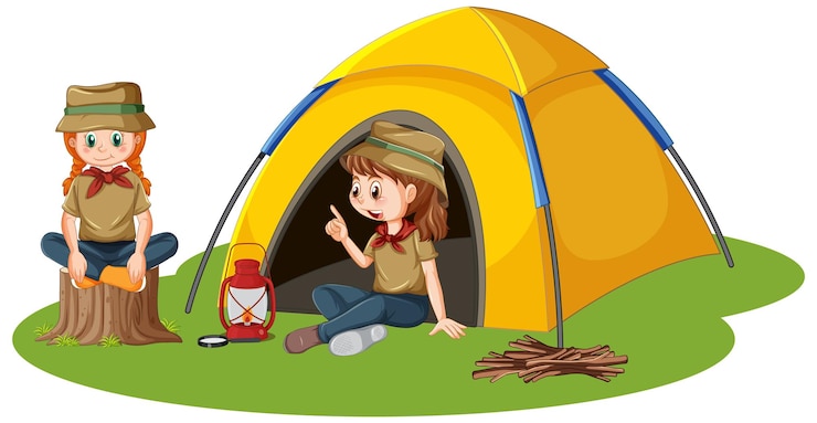 Kostenlose Vektor mädchen sitzen im campingzelt isoliert