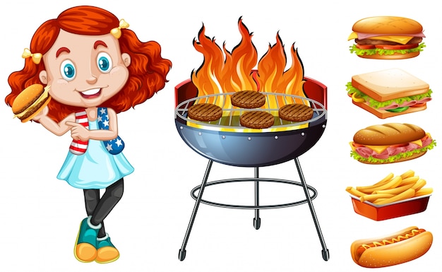 Kostenloser Vektor mädchen und grill herd mit essen illustration