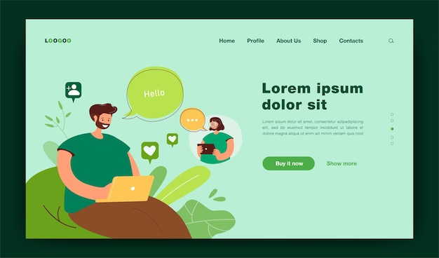 Kostenloser Vektor mädchen und verliebter kerl chatten online. paare, die nachrichten in den sozialen medien senden. illustration für dating-website, partnersuche, beziehung im internet, landingpage für das romantikkonzept