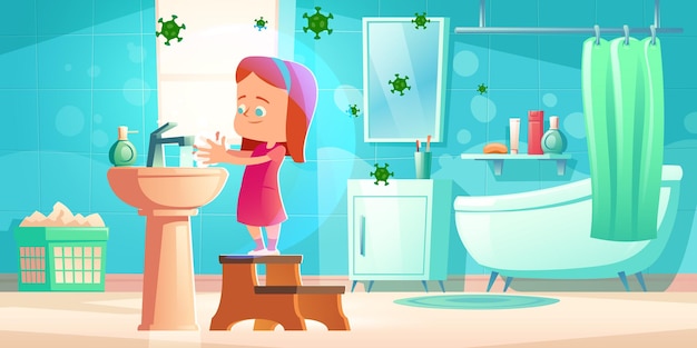 Mädchen waschen sich die hände im badezimmer mit fliegenden bakterien