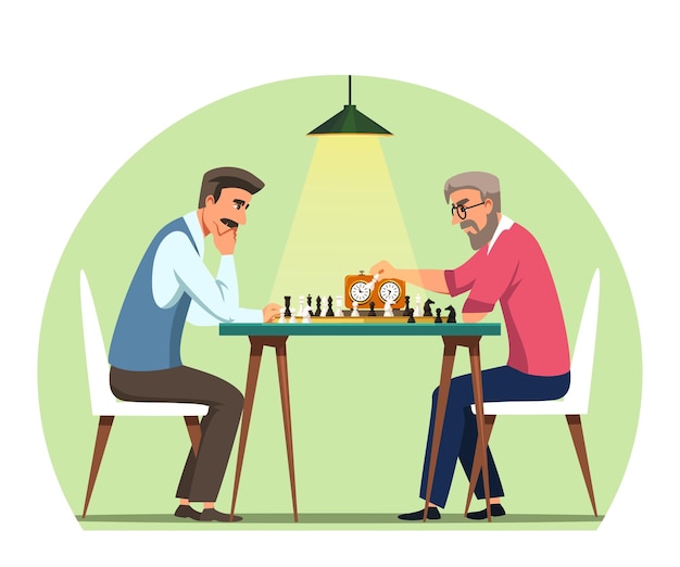 Männer spielen schach an bord mit uhr ernste menschen sitzen am tisch mit spiel und denken freizeit oder wettbewerb indoor intelligente unterhaltung