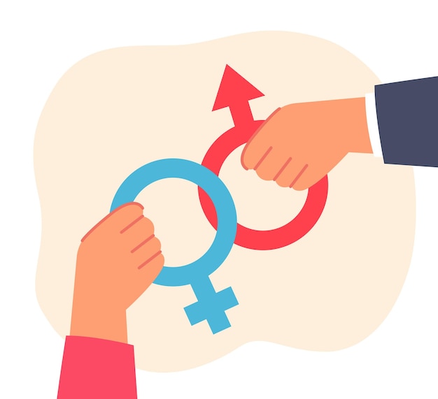 Männliche und weibliche Hände, die Gleichstellungssymbole halten. Mann und Frau mit flachen Vektorillustrationen der weiblichen und männlichen Zeichen. Balance, Paritätskonzept für Banner, Website-Design oder Landing-Webseite