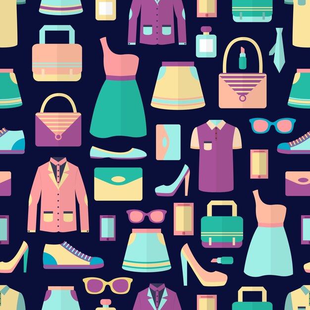 Männliche und weibliche Mode stilvolle Casual Shopping Zubehör nahtlose Muster Vektor-Illustration