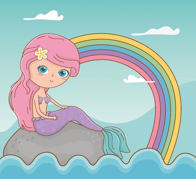 Märchenmeerblickszene mit Meerjungfrau und Regenbogen