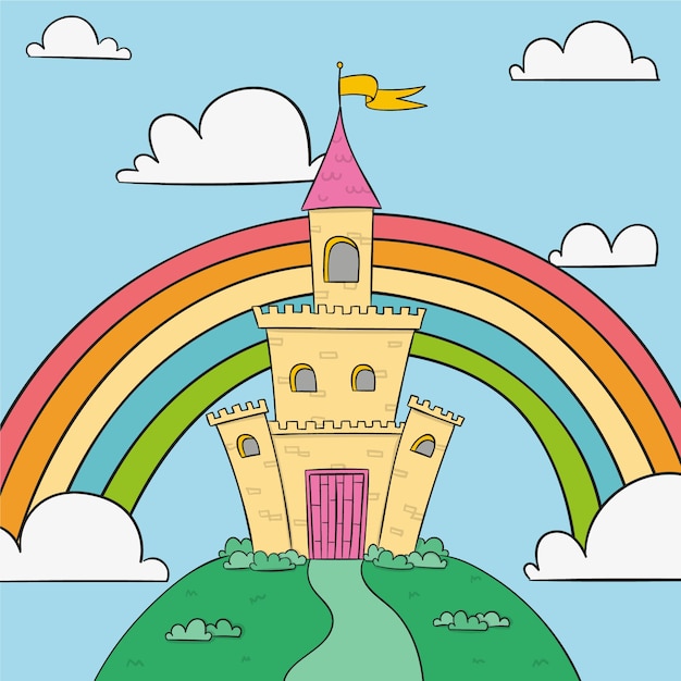 Kostenloser Vektor märchenschloss mit regenbogen