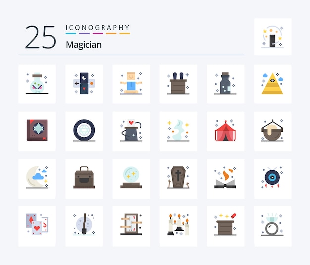 Magician 25 flat color icon pack inklusive giftchemie-unterhaltungs-zaubertrick