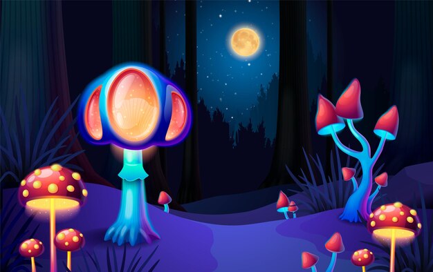Magische giftige Pilze leuchten in der Dunkelheit im Wald mit Mond, der am Nachthimmel scheint, Cartoon-Hintergrund, Vektorillustration