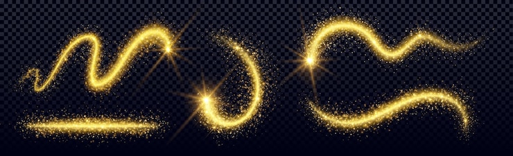 Kostenlose Vektor magischer goldener glitzerstaub mit sternenstrahl-vektor-spur-effekt goldener feenlicht und sternenstaub abstrakte wirbeltextur glänzender luxus gelber schwanz mit hellem partikelspray fallender komet-wirbel
