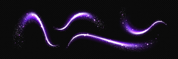 Kostenlose Vektor magischer staub mit funkelndem und glitzerndem lichtvektoreffekt lila wirbelspur mit glühpartikeln märchenhexe neonwelle aus zauberstabzauber abstrakte 3d-sternenstaub funkeln glänzende magier-overlay-textur