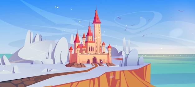 Kostenloser Vektor magisches schloss am wintertag auf einer klippe mit straße märchenschloss in wunderschöner naturlandschaft mit fallendem schnee und meereslandschaft fantasiefestung mittelalterliche architektur cartoon-vektorillustration