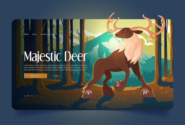 Kostenloser Vektor majestätische hirschfahne mit großem hirsch im wald. vektor-landingpage der natur der tierwelt mit cartoon-illustration von huftieren mit geweih im wald mit kiefernstämmen und bergen am horizont