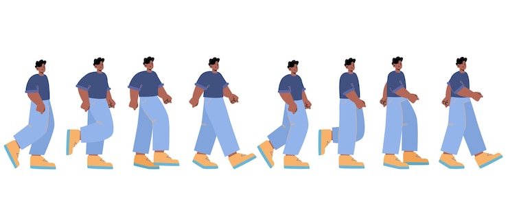 Kostenlose Vektor man walk animation sequenzrahmen für spiel zyklusphasen von afrikanischen teenagern, die zu fuß gehen bewegung sprite sheet passant fußgängerbewegung sprite sheet cartoon flat vector line art illustration