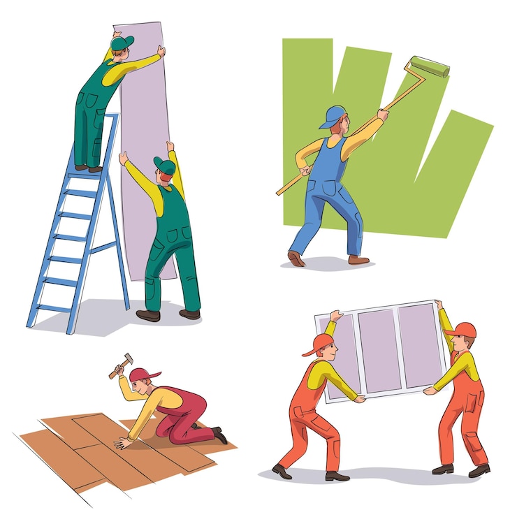 Kostenlose Vektor man worker builder mechaniker charakter in haus reparatur prozess set engagiert menschen team malerei wand installation flicken dach tapezieren