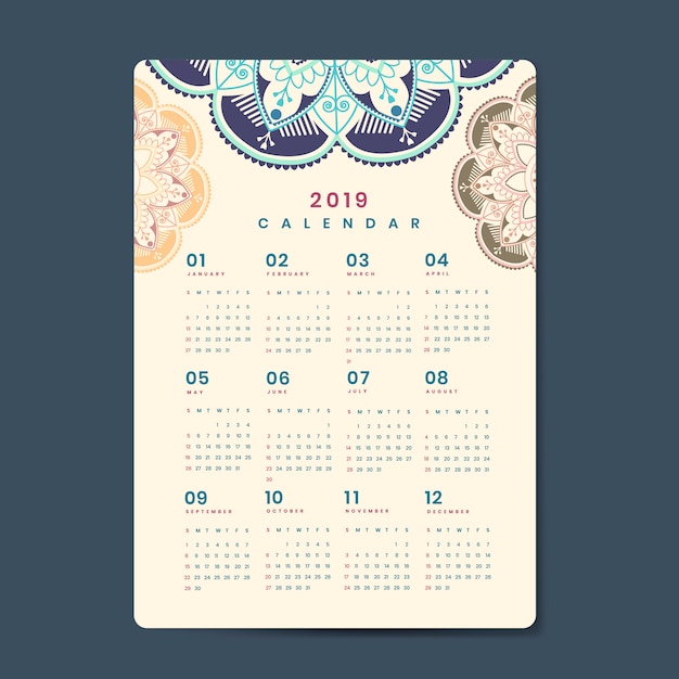 Kostenloser Vektor mandala-kalender-modell