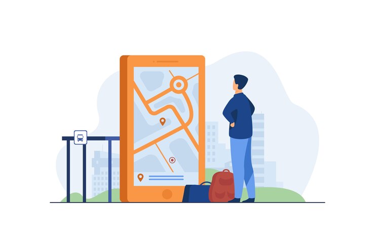 Kostenlose Vektor mann auf der suche nach route auf karte in der mobilen app.