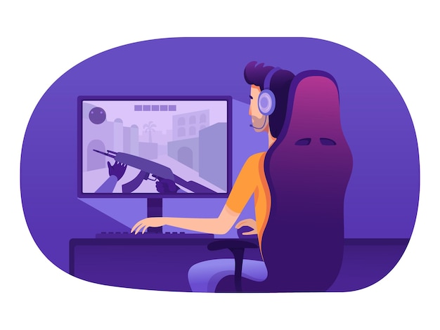 Mann im Headset, der ein Video-Action-Strategie-RPG-Spiel spielt, das am Computer sitzt Cyber Sport Esports Gaming Online-Turnier und Live-Streaming-Meisterschaftsspiel