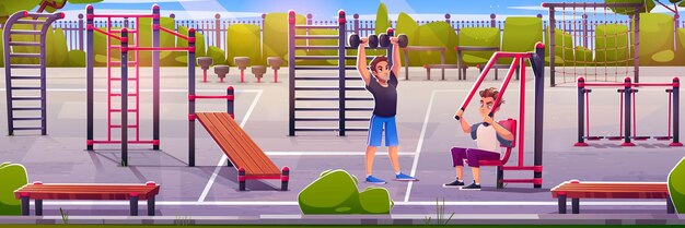 Mann im outdoor-fitnesspark und straßensportausrüstung, vektorhintergrund. männliche figur trainiert gemeinsam und außerhalb des öffentlichen stadionbereichs. horizontale cartoon-illustration mit spielplatz