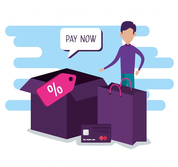 Kostenloser Vektor mann mit kreditkarte und online-shopping-paket