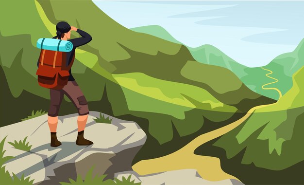 Mann mit Rucksack steht auf einer Klippe und blickt auf den Bergpfad. Klettern, Trekking, Wandern, Wandern, Abenteuer in der Natur