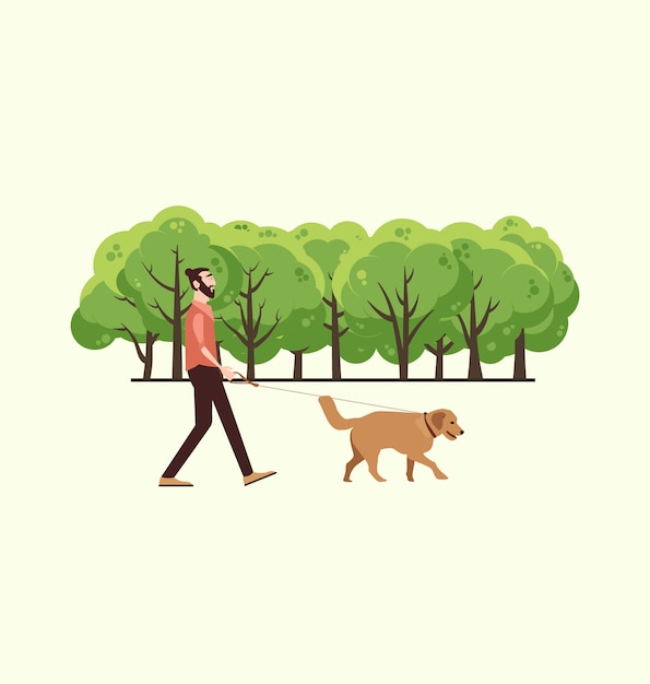 Mann mit seinem Hund spazieren gehen