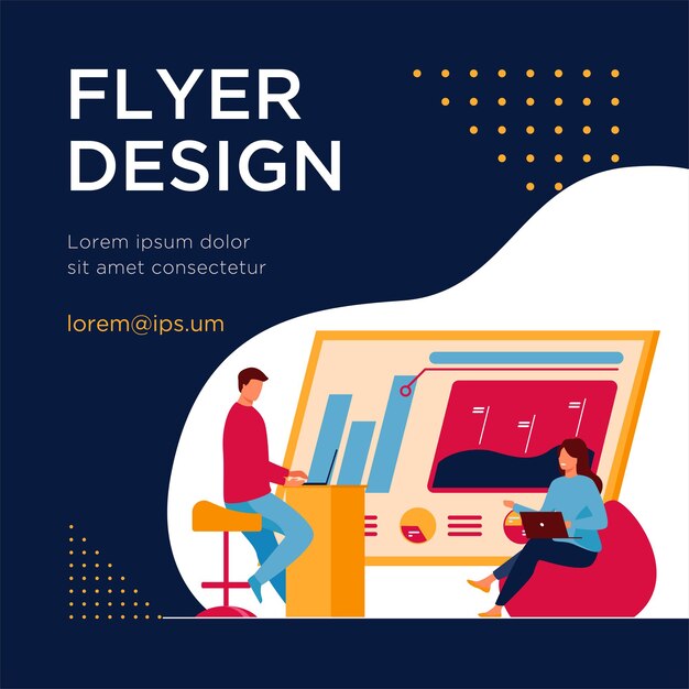 Mann und Frau diskutieren Gewinnstatistik. Grafik, Laptop. Flat Flyer Vorlage