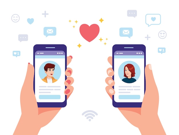 Mann und frau halten smartphones mit dating-service-app virtuelles beziehungskonzept