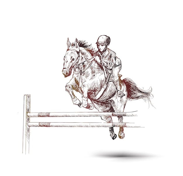 Kostenloser Vektor mannreiter auf braunem pferd, das über hürde auf reitsportwettbewerb springt