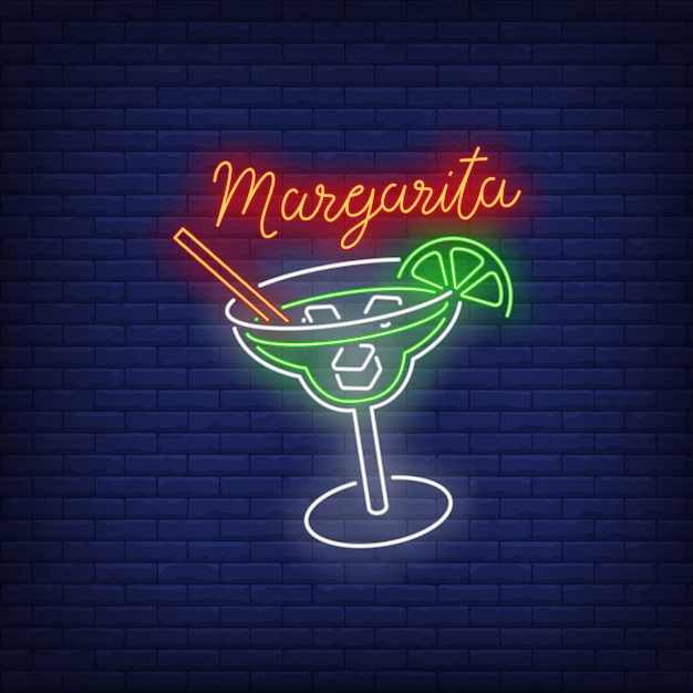 Margarita neon text, glas, stroh, eiswürfel und limette trinken