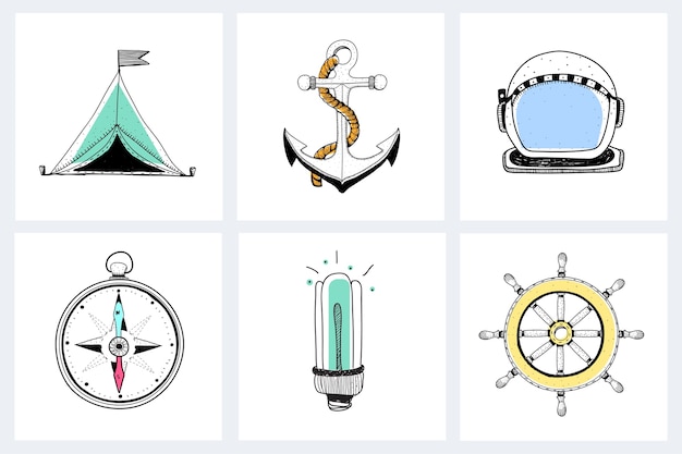 Kostenloser Vektor marine explorer ausrüstung doodle