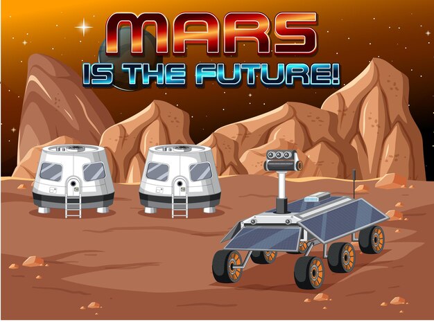 Mars ist das zukünftige Logo auf dem Hintergrund der Raumstation
