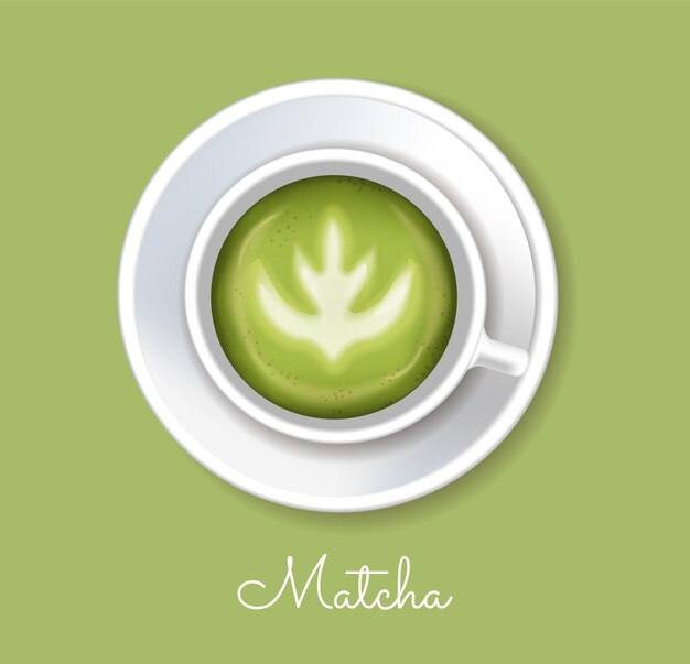 Matcha-Grüntee-Pulvervektor realistisch. Produktplatzierung verspottet Etikettendesigns für gesunde Getränke