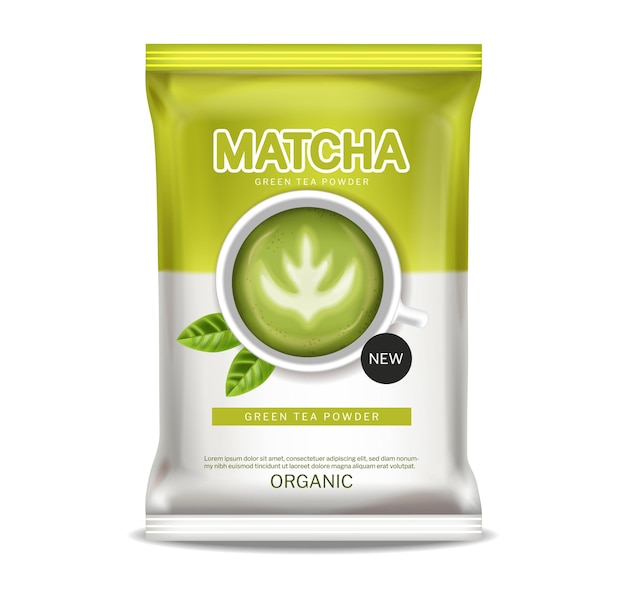 Matcha-Grüntee-Pulvervektor realistisch. Produktplatzierung verspottet Etikettendesigns für gesunde Getränke