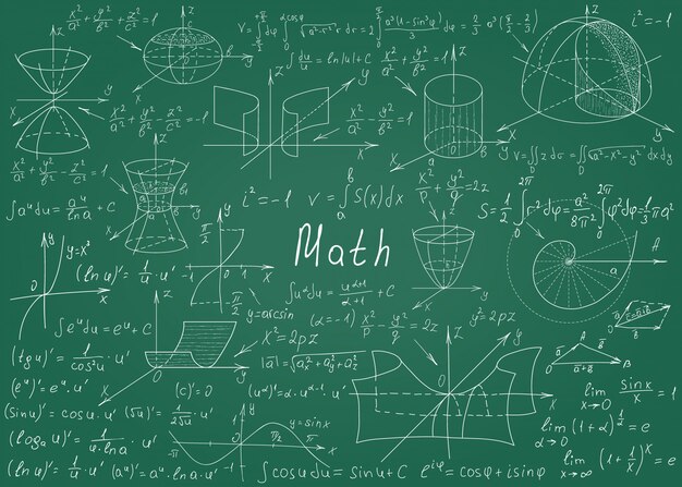 Mathematische Formeln Eigenhandig Gezeichnet Auf Eine Grune Tafel Fur Den Hintergrund Premium Vektor